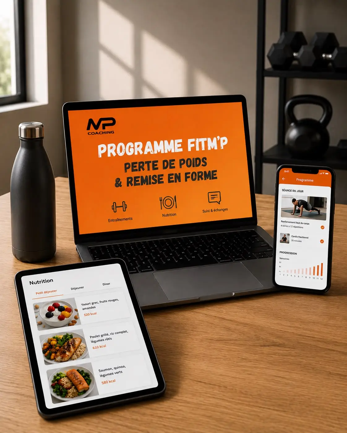 Programme FitM’P de coaching à distance Programme FitM’P de coaching à distance avec entraînements personnalisés et repères alimentaires sur application