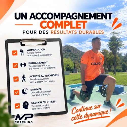 Accompagnement complet en coaching sportif personnalisé Séance de coaching sportif en extérieur avec accompagnement personnalisé sur l’alimentation, l’entraînement, l’activité quotidienne, le sommeil et le stress
