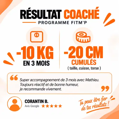 Résultat après 3 mois de coaching FitM’P – 10 kg Résultat après 3 mois de coaching FitM’P : 10 kg perdus et 20 cm de mensurations cumulées