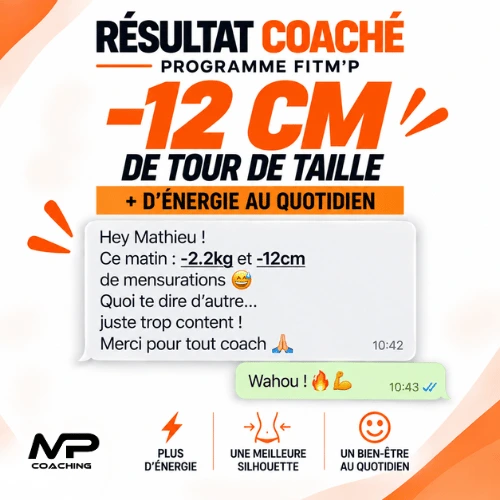 Résultat coaching FitM’P : 12 cm de tour de taille en moins Résultat coaching FitM’P avec 12 cm de tour de taille en moins et plus d’énergie au quotidien