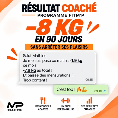 Résultat coaching FitM’P : 8 kg perdus en 90 jours Résultat après 90 jours de coaching FitM’P avec 8 kg perdus et baisse des mensurations